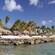 A beach with sand, a rocky shoreline, chairs, parasols, palm trees and people